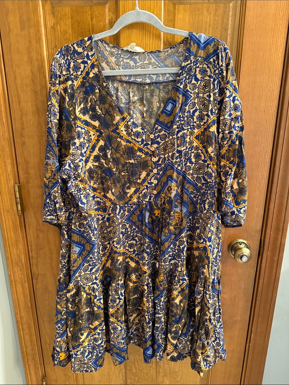 Women's Blue and Gold Printed V-Neck short Dress